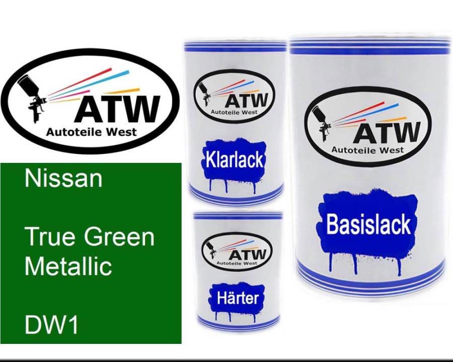 Nissan, True Green Metallic, DW1: 500ml Lackdose + 500ml Klarlack + 250ml Härter - Set, von ATW Autoteile West.